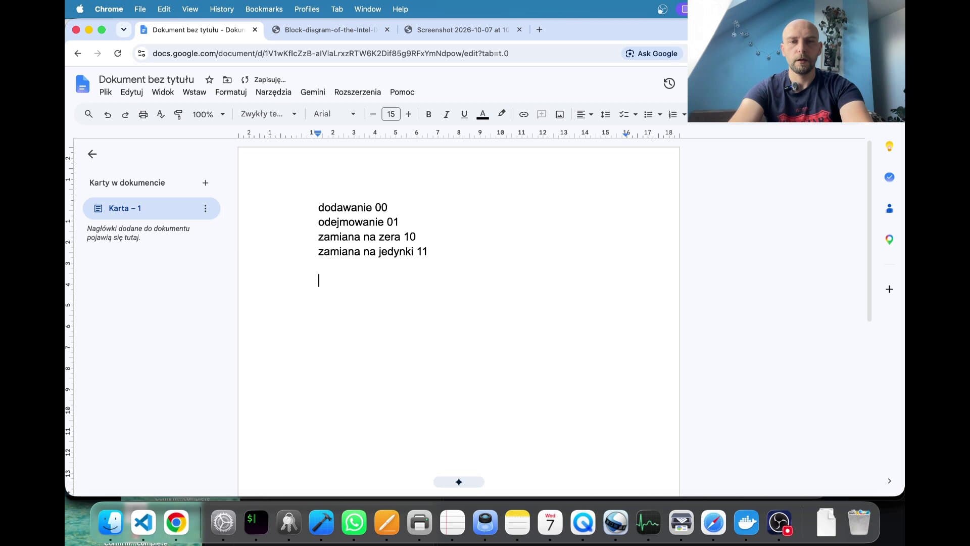 Dokument Google Docs z czterema instrukcjami procesora: dodawanie 00, odejmowanie 01, zamiana na zera 10, zamiana na jedynki 11