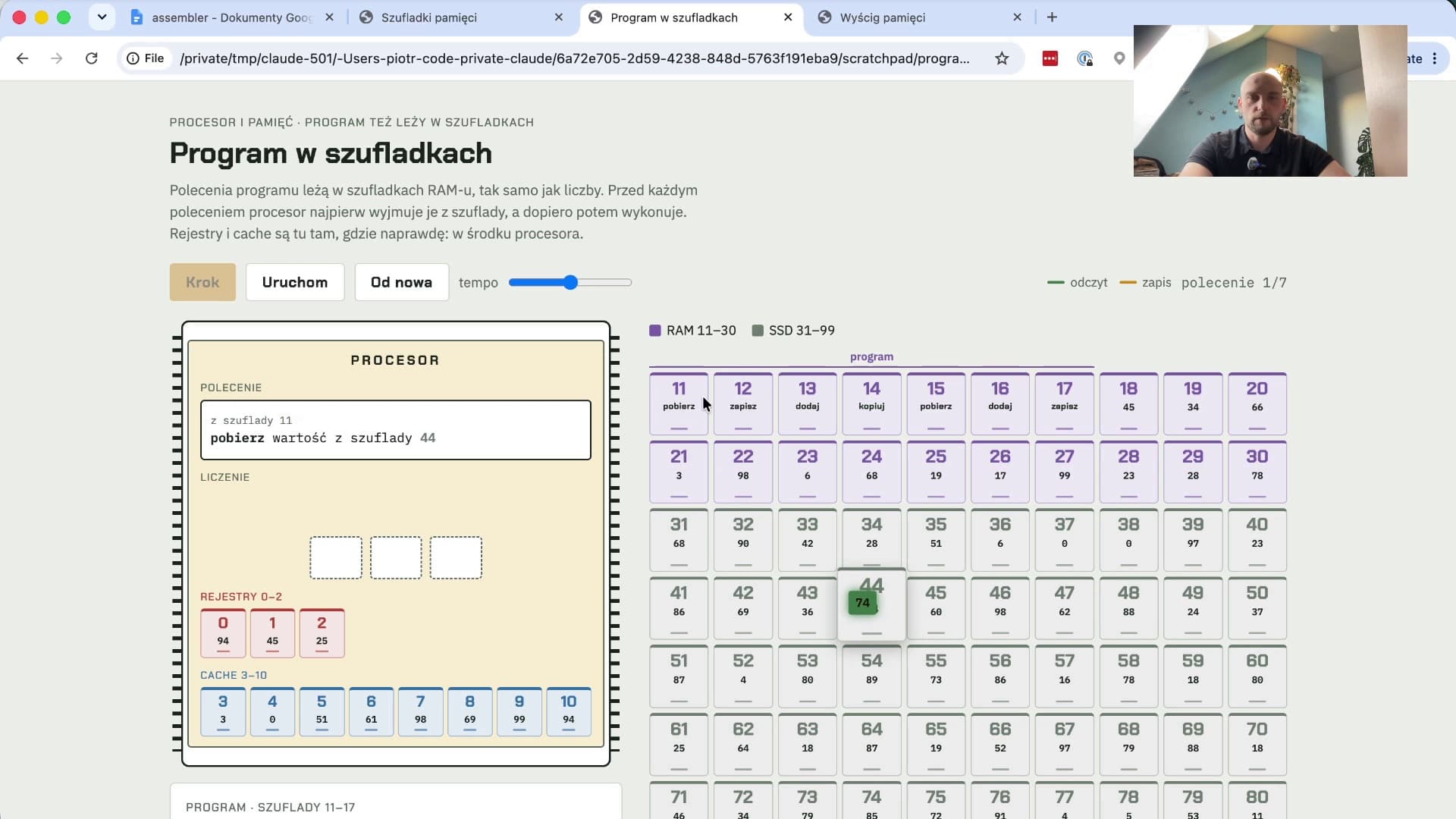 Symulator Program w szufladkach: polecenia programu w RAM-ie, rejestry i cache w środku procesora