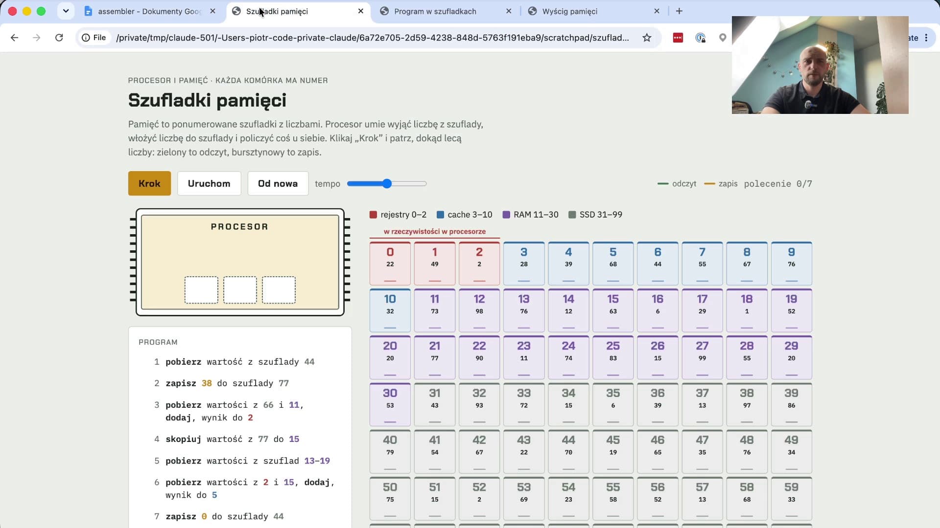 Symulator Szufladki pamięci: procesor i 100 ponumerowanych szufladek z liczbami