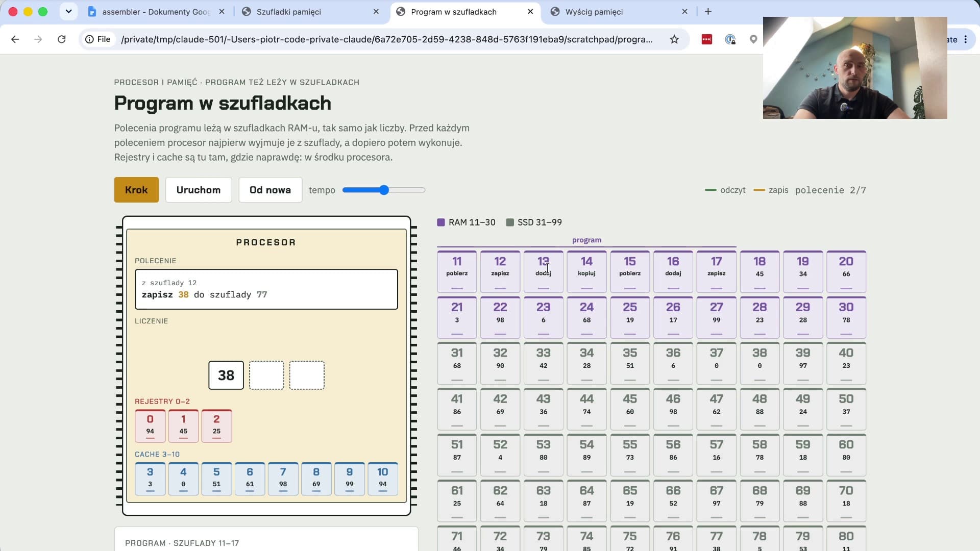 Symulator w trakcie działania: rejestry (czerwone) i cache (niebieskie) w środku procesora, program i dane obok siebie w RAM-ie