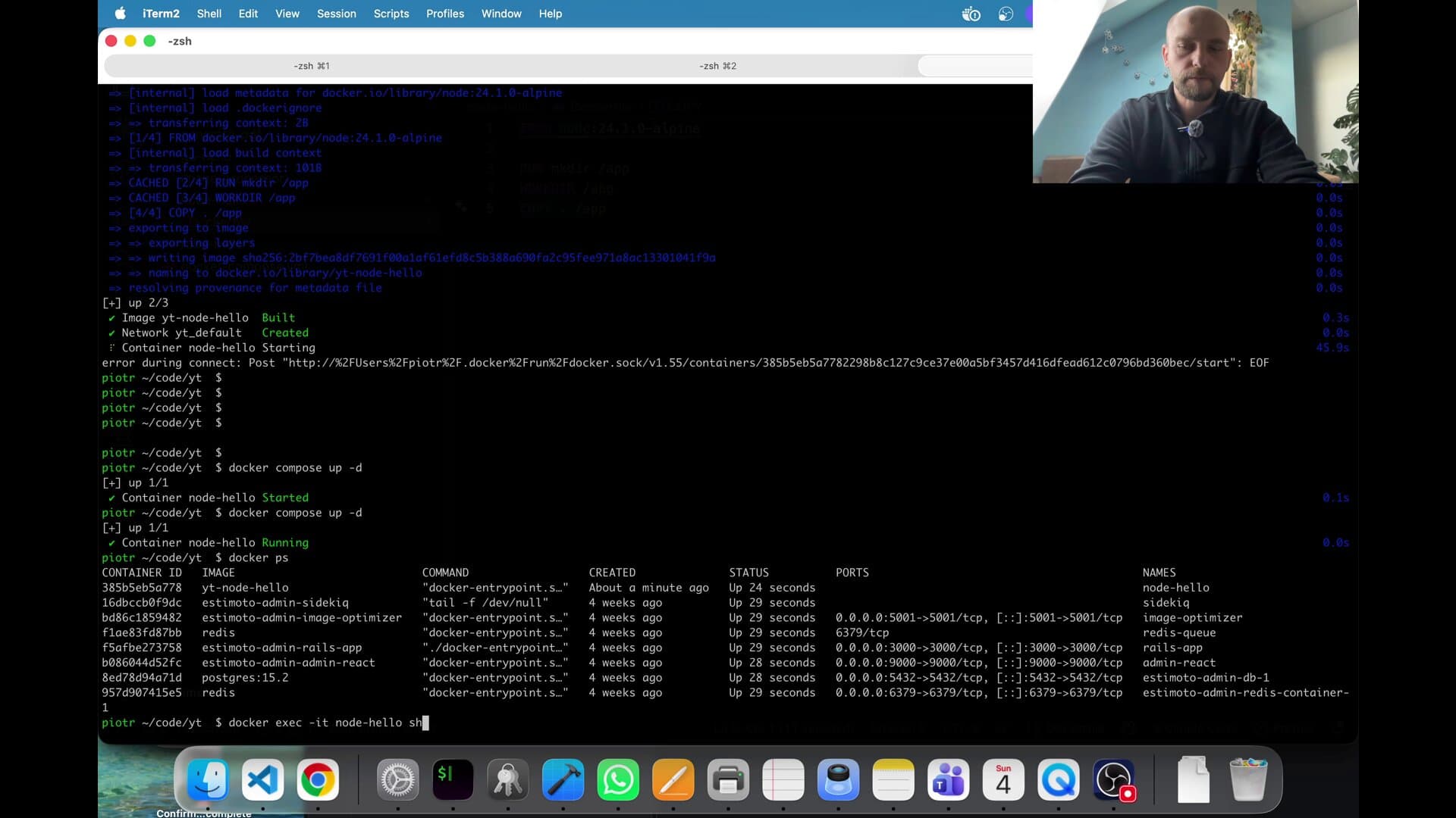 Terminal z wynikiem docker compose up -d, listą kontenerów z docker ps i komendą docker exec -it node-hello sh