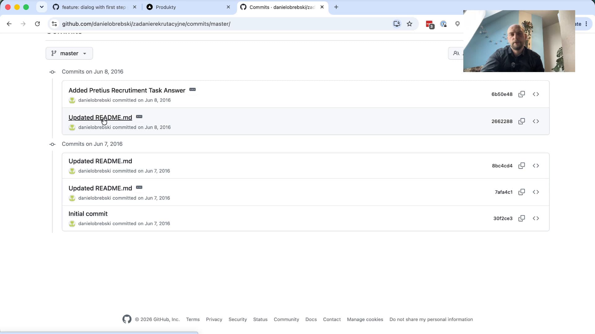 Historia commitów repozytorium zadanierekrutacyjne: Initial commit, kilka razy Updated README.md i Added Pretius Recrutiment Task Answer
